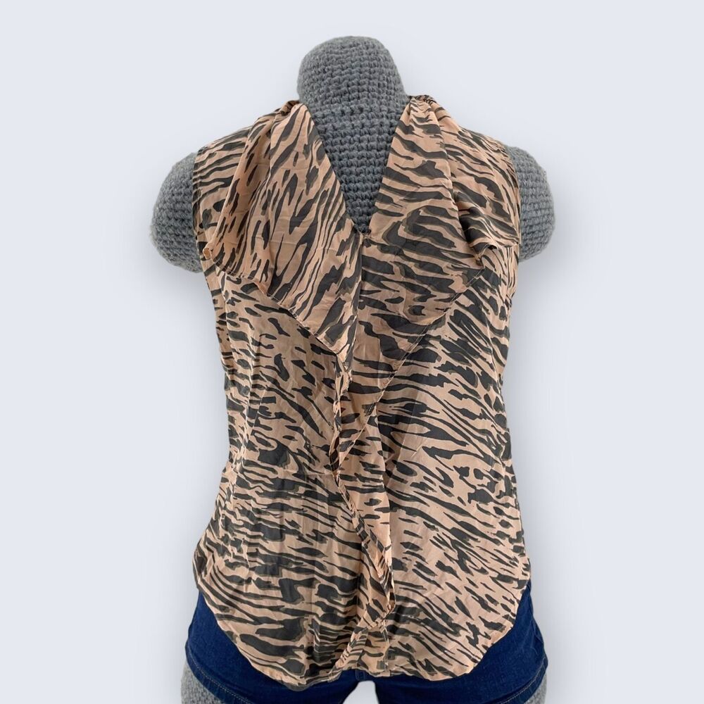 CAbi Just So Animal Print Tan Zebra Stripe Silk Ruffle Sleeveless Blouse 104 XS